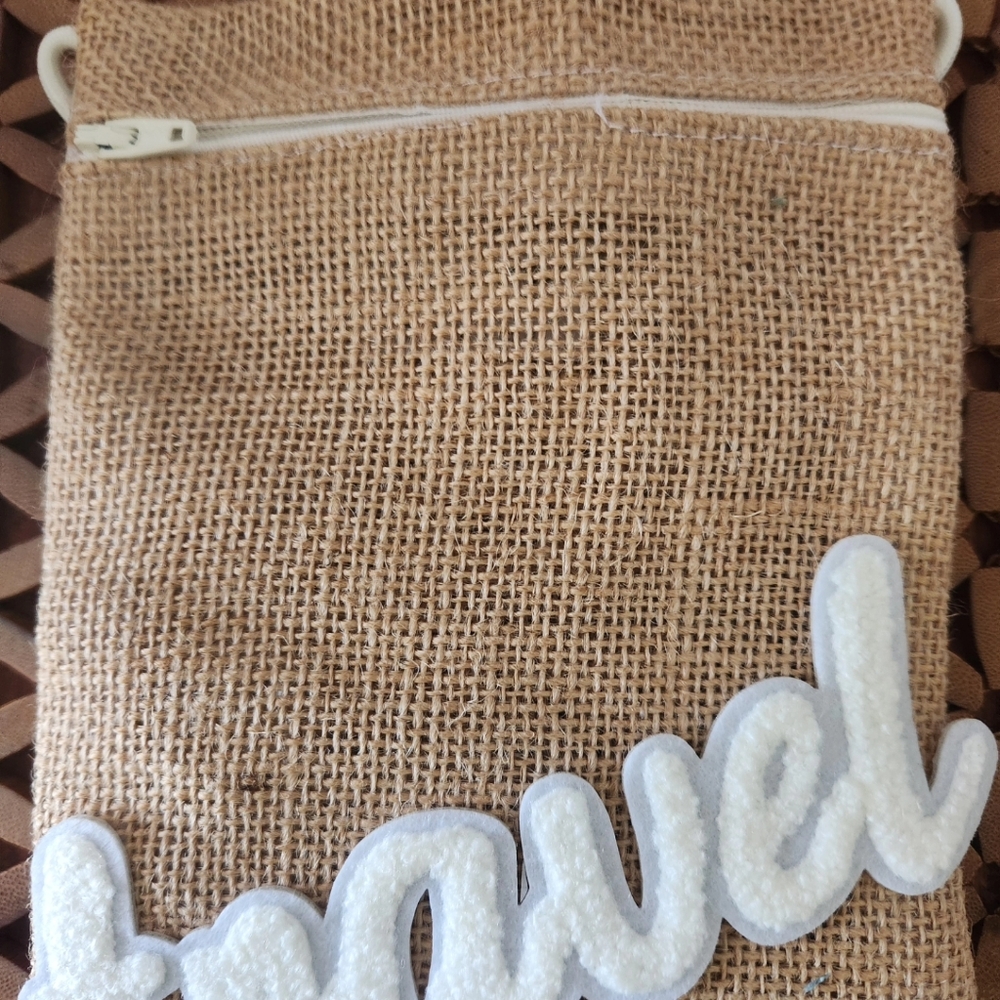 Crossbody handmade burlap purse "Time to Travel" strap glows in the dark